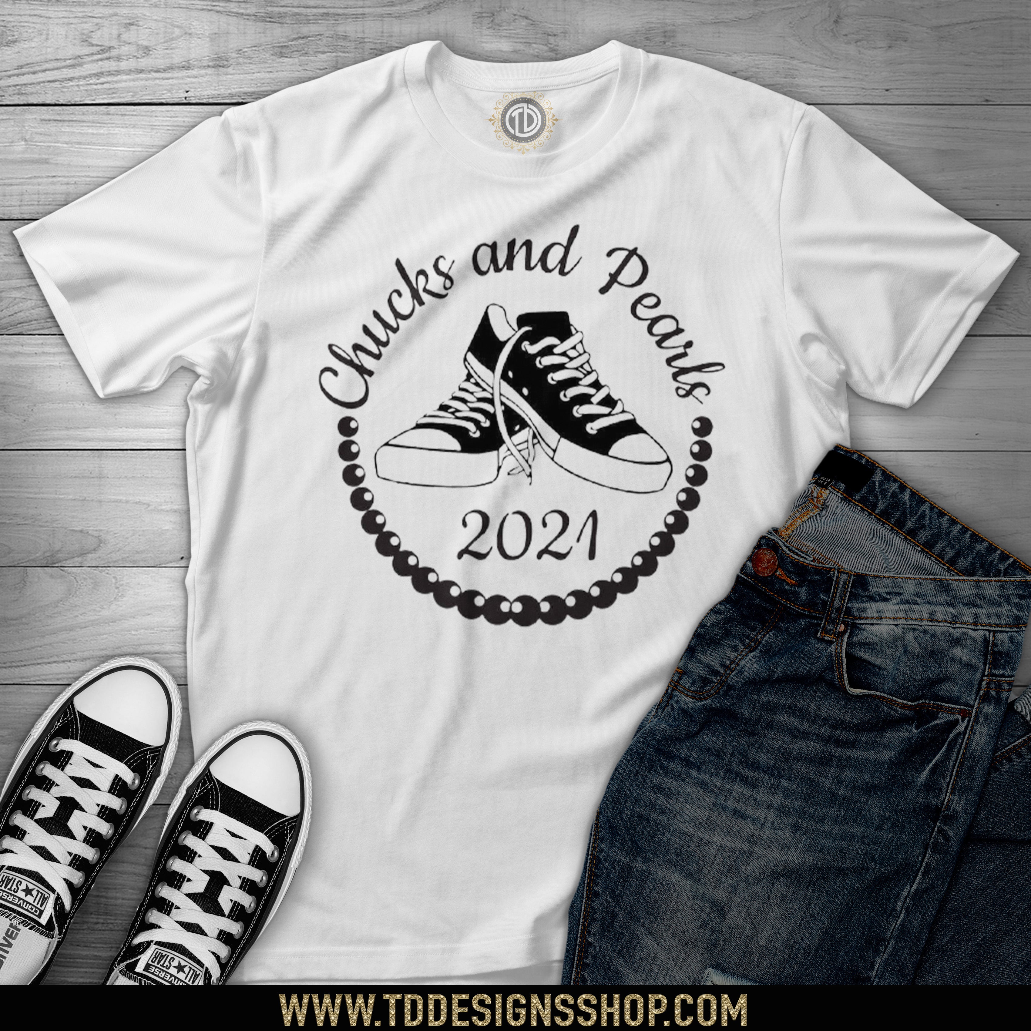 T.D. Designs Chucks and Pearls Shirts Adults Black Small